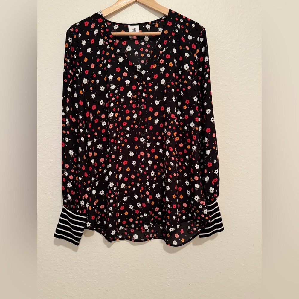 CAbi, Floral Black Blouse with Striped Cuffs, Large